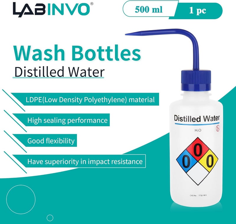LINVO Distilled Water Wash Bottles, 1 PC of Vol.500ml (17oz), Narrow Mouth, Self-Venting Safety Wash Bottles, LDPE Material,IN-WBD501 - Image 2
